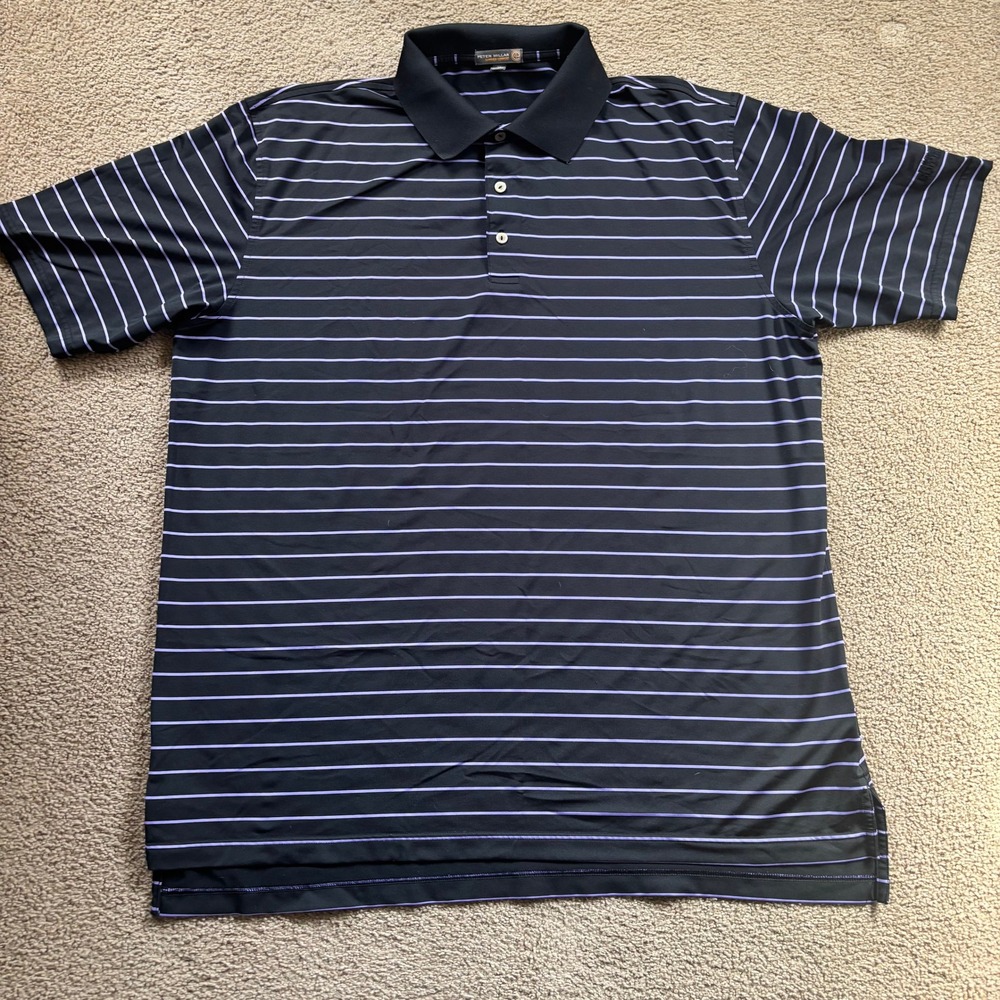 Peter Millar Summer Comfort Polo Men's Extra Large Black Purple Stripped Wicking